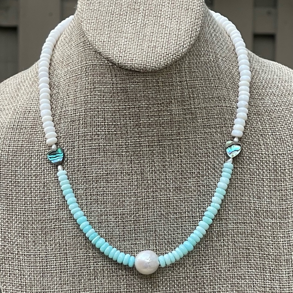 Abalone Hearts Necklace:Peruvian blue &white Opals Abalone shell 🩵 Baroque Pearl